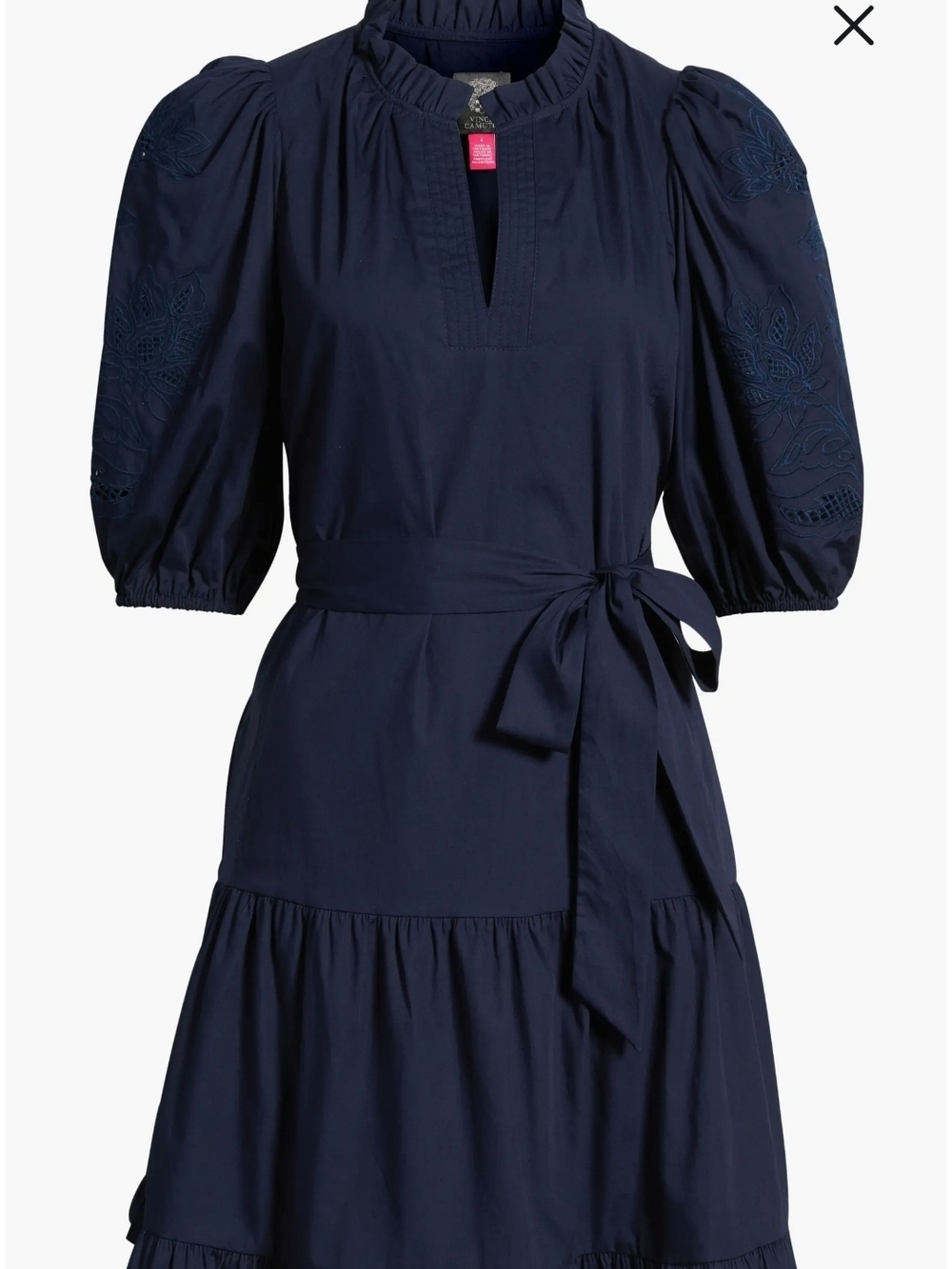 Puff-Sleeve Navy Midi Dress with Self-Tie Waist